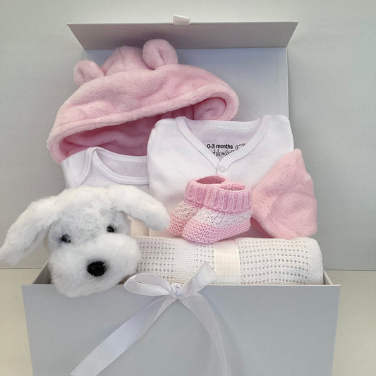 MILLIE- Pink dressing gown and cuddly puppy gift box