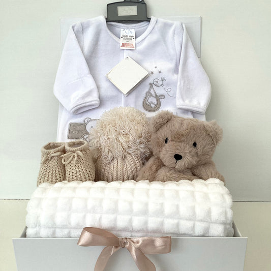 SULLY- Brown bear comforter with luxury onsie and white bobble blanket gift box