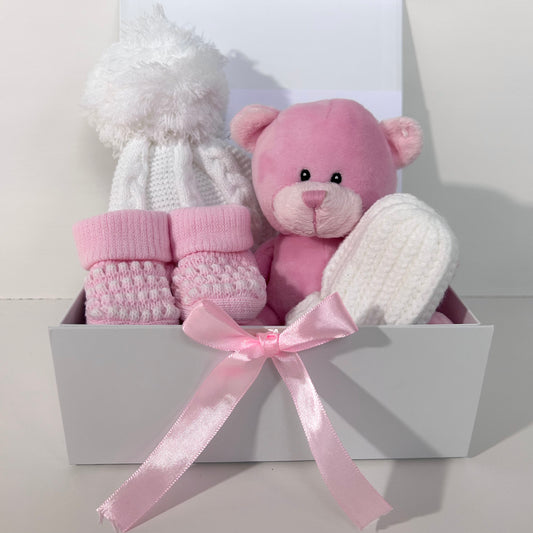 ELLA- Pink fleece teddy and white bobble hat cosy gift box