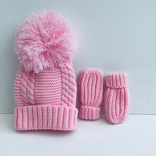 Pink bobble hat and mitts set