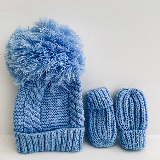 Blue knitted bobble hat and mitts gift set