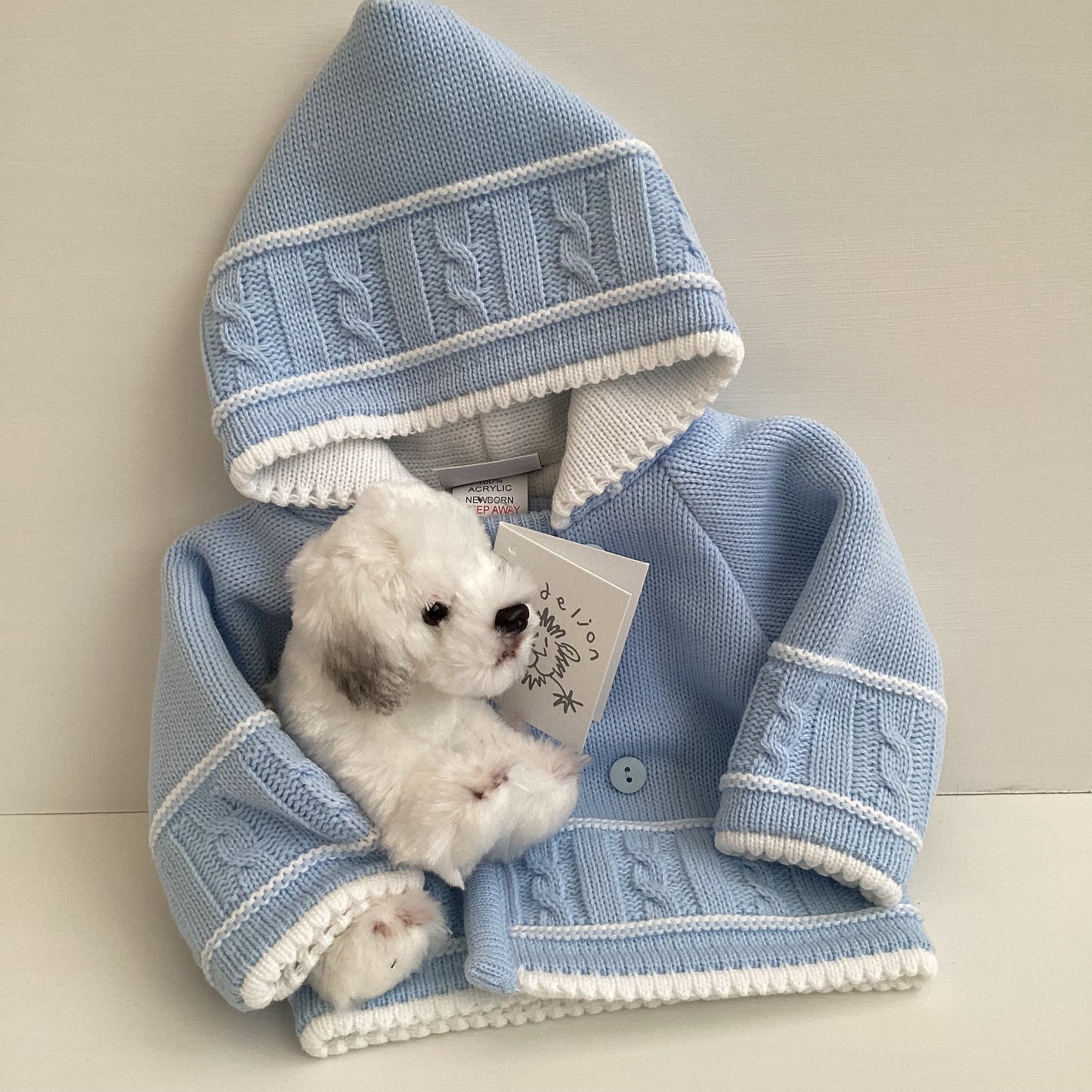 SHAY- Blue Dandelion knitted jacket and sheep dog comforter gift box