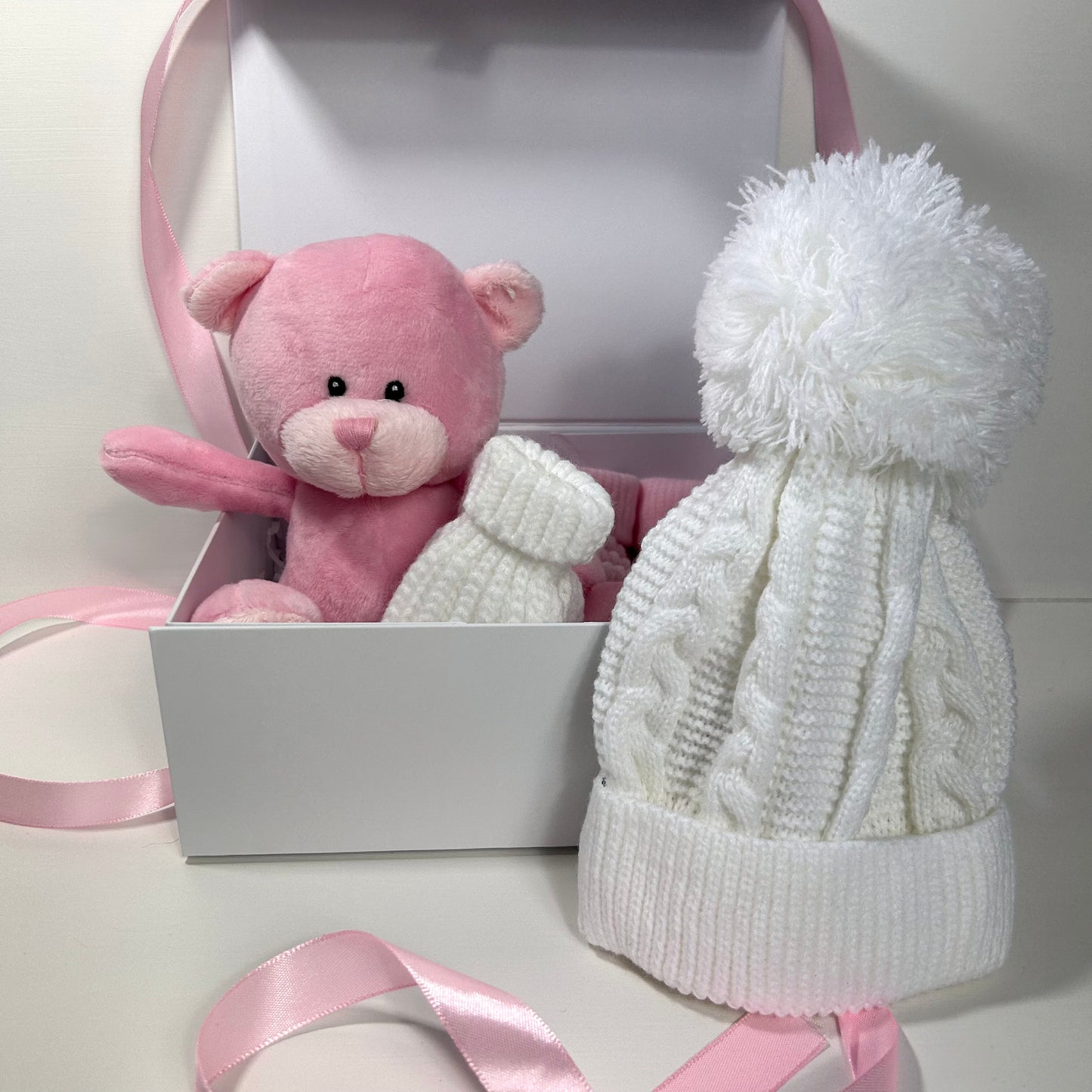 ELLA- Pink fleece teddy and white bobble hat cosy gift box