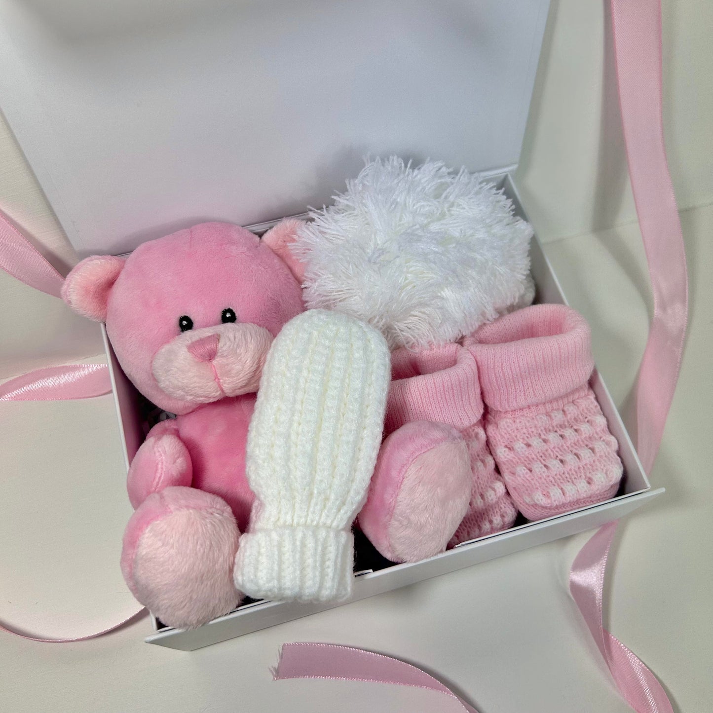 ELLA- Pink fleece teddy and white bobble hat cosy gift box