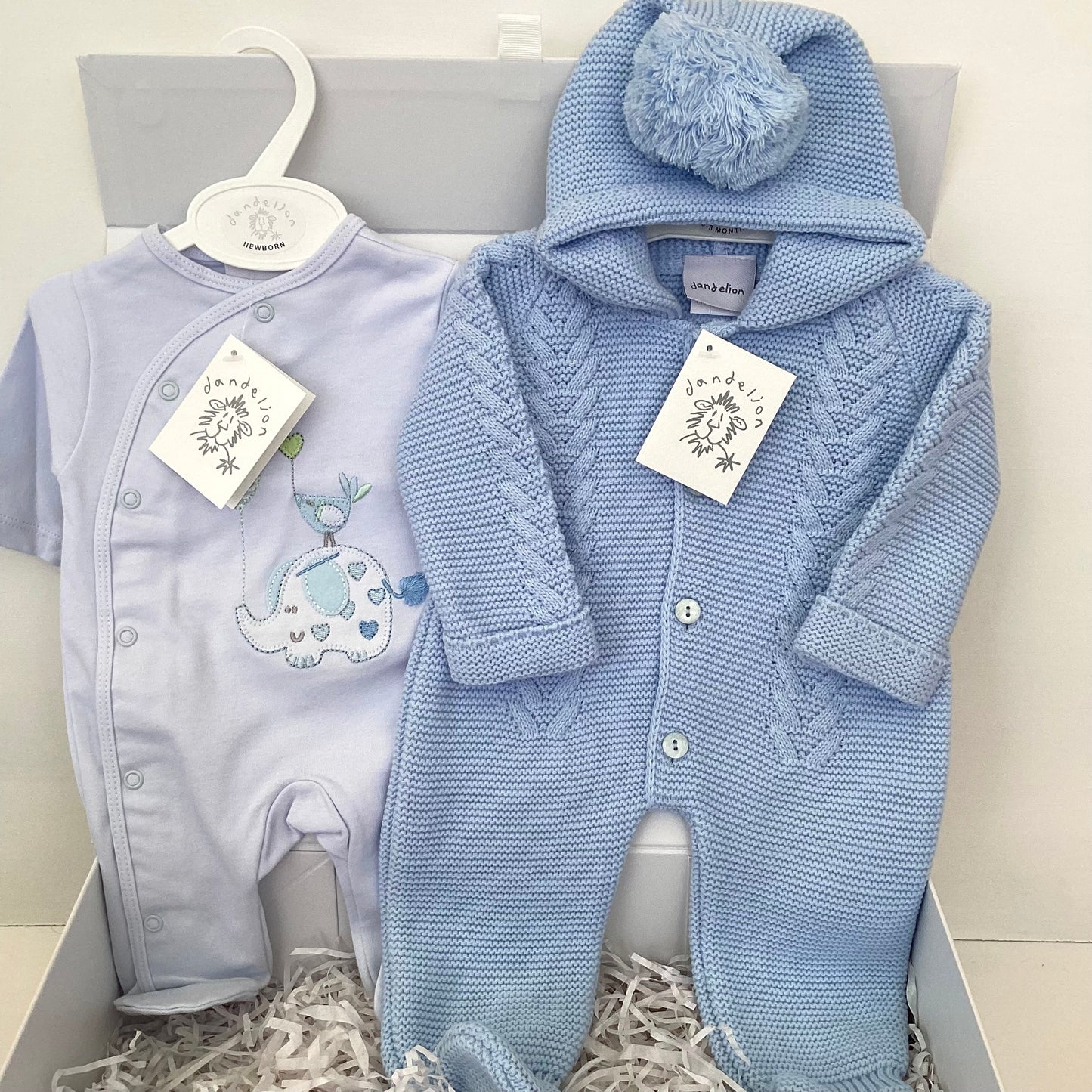 NOAH- Large Dandelion luxury blue pram suit and onesie gift box