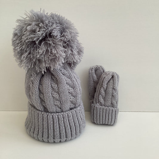Grey knitted bobble hat and mitts