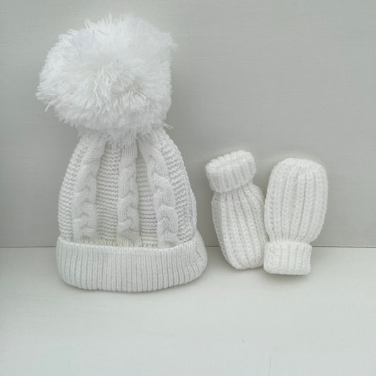 White knitted bobble hat and mitts