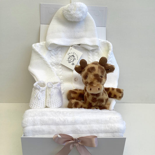 FRANKIE- White luxury Dandelion pram suit and giraffe soft toy gift box